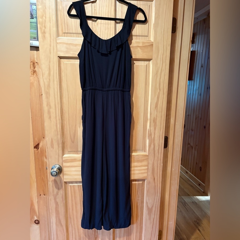 LOFT Jumpsuit Womens S Black Sleeveless Ruffle Neck Wide Leg Pockets Lightweight